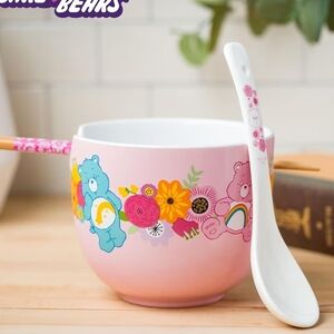 Kids Pink Care Bears Ceramic Bowl with Spoon - Floral & Rainbow Design